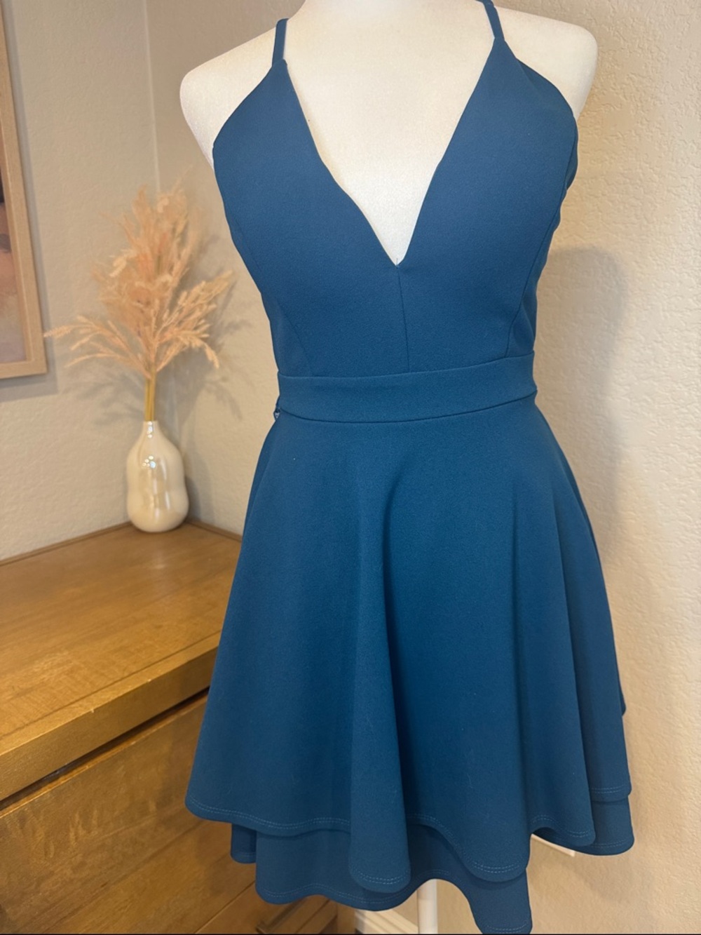 Honey and Rosie Teal V-Neck Halter Mini Dress